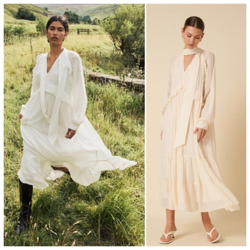 Flowing Ivory V-Neck Long Sleeve Maxi Dress with Tie Detail